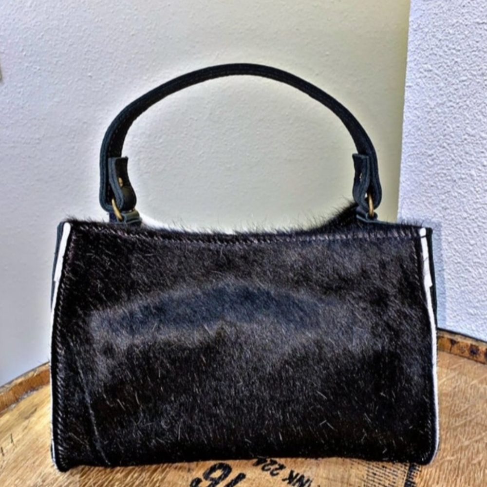 Black and White Structured Tote with Curved Handle - Picture 2 of 2